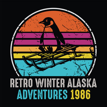 Retro Winter Alaska Adventures 1986 - Penguin on a wooden sled with vintage sunset