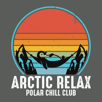 Arctic Relax Polar Chill Club - Penguin resting in a hammock between mountain peaks