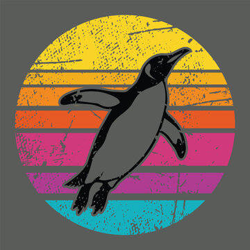 Swimming Penguin - Diving bird silhouette with colorful vintage sun background