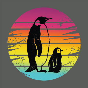 Parent and Chick - Standing adult penguin and baby penguin silhouette with retro sun