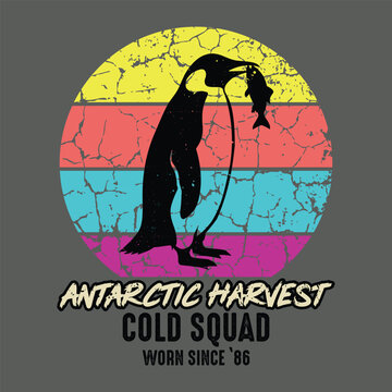 Antarctic Harvest Cold Squad - Standing penguin with fish in beak and striped sun