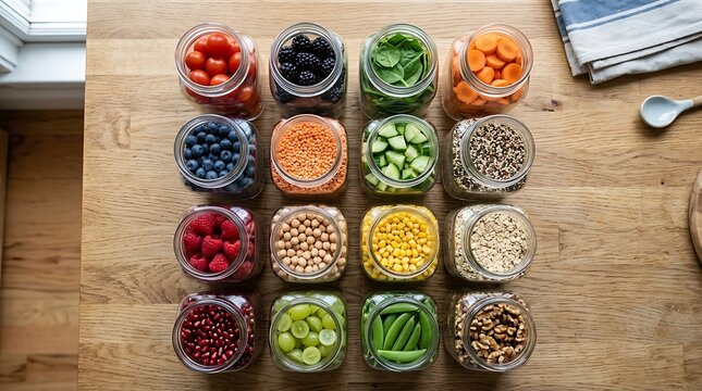 Stoples kaca berwarna-warni yang diisi dengan sayuran segar dan kacang-kacangan di atas meja dapur kayu untuk persiapan makanan sehat