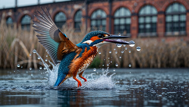 Common kingfisher bird emerging from water with splashes against an old industrial brick building. Concept of high-speed precision, urban wildlife, and dynamic progress