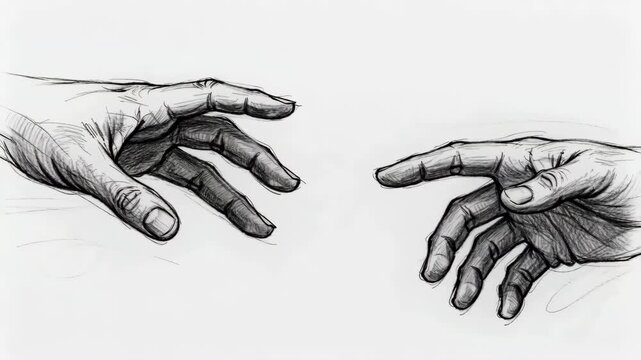 Close-up 4K sketch of two human hands reaching towards each other with fingertips nearly touching. An artistic 3D render representing connection, hope, creation, and the human spark.
