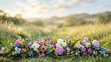 Obraz premium Vibrant floral arrangement on a wooden surface showcasing a meadow landscape with soft sunlight perfect for spring and summer themes