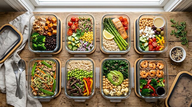 Berbagai salad dan hidangan sehat yang dikemas dalam wadah kaca di atas meja kayu di dekat jendela, siap untuk persiapan makanan atau pengiriman