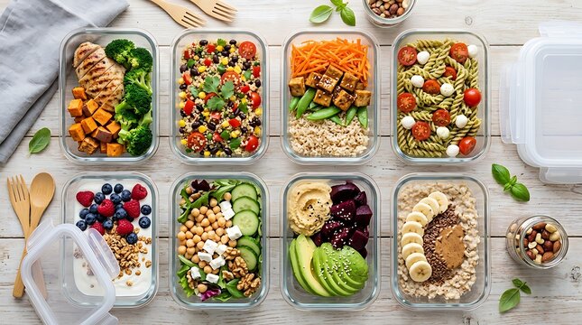 Aneka salad makan siang sehat yang dikemas dalam wadah kaca dengan sayuran segar dan biji-bijian untuk persiapan makanan dan makan portabel