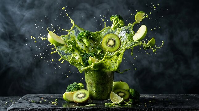 Smoothie hijau dalam gelas dengan kiwi segar, brokoli, irisan apel, dan jeruk nipis, dengan percikan berwarna-warni dan latar belakang gelap, konsep makanan sehat