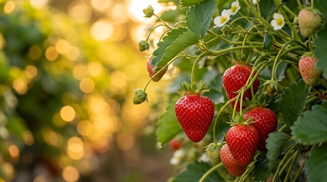 Stroberi matang segar pada tanaman di bawah sinar matahari, siap untuk dipanen, buah sehat, makanan alami, pertanian, hasil bumi musiman musim panas