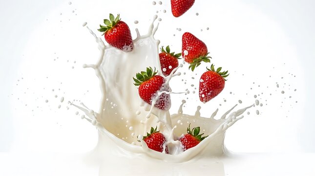Stroberi segar jatuh ke dalam percikan susu dengan buah yang cerah dan gerakan cairan kental untuk iklan makanan sehat atau produk susu