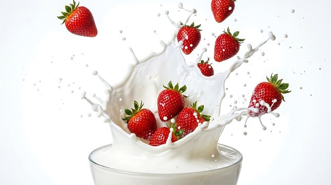 Stroberi segar memercik ke dalam semangkuk susu, menciptakan pemandangan yang energik dan berwarna-warni untuk iklan makanan sehat atau produk susu