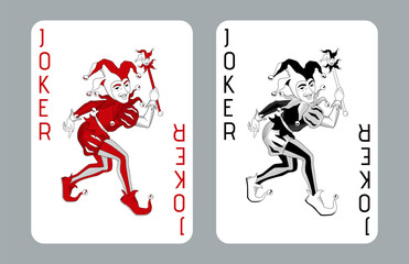 Obraz premium Joker set playing card in retro vintage style. Detailed vector illustration with expressive jester character, classic deck element, black and red jester