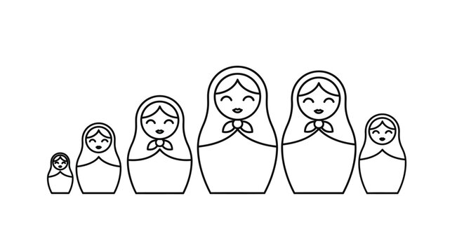 A set of five black and white nesting dolls progressively decreasing in size are displayed