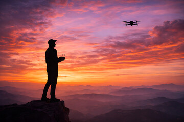 Fototapeta premium Skyward Vision: A silhouette of a drone operator, poised atop a mountain peak, guides his drone through the vibrant tapestry of a sunset.