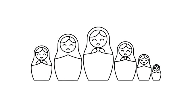 A set of five nested russian matryoshka dolls depicted in a simple black and white line drawing style