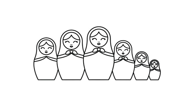A set of five nesting dolls or matryoshka dolls are depicted in a simple black and white line drawing