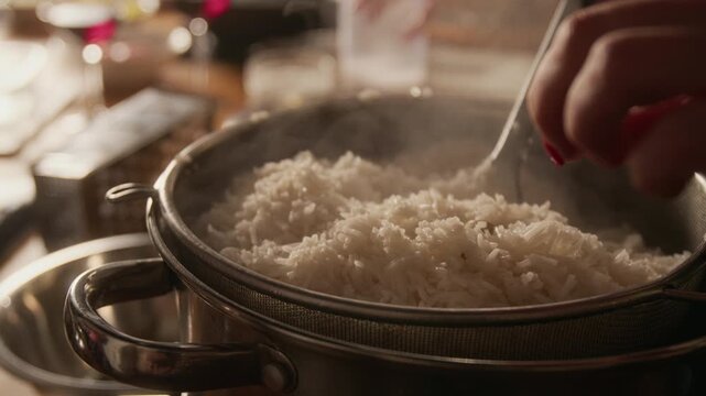 Close up shot of unrecognizable woman stirring steaming rice in pan during cooking master class in restaurant
