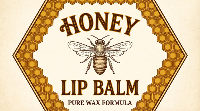 Vintage Hexagonal Honey and Beeswax Lip Balm Label with Engraved Honeybee and Honeycomb Border &mdash; Natural Organic Beauty Label Flat Illustration