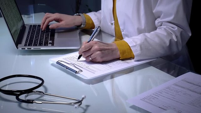 Stethoscope laying on a white reflective desk while medical professional working in clinic office. Typing on laptop and writing notes. Medicine concept