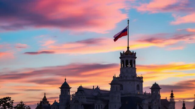 Russian Flag on Historic Building Tower at Sunset