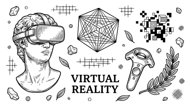 Virtual Reality Concept with Antique Statue Bust in VR Goggles, Geometric Shapes and Controller, Hand Drawn Engraving Style Vector Illustration