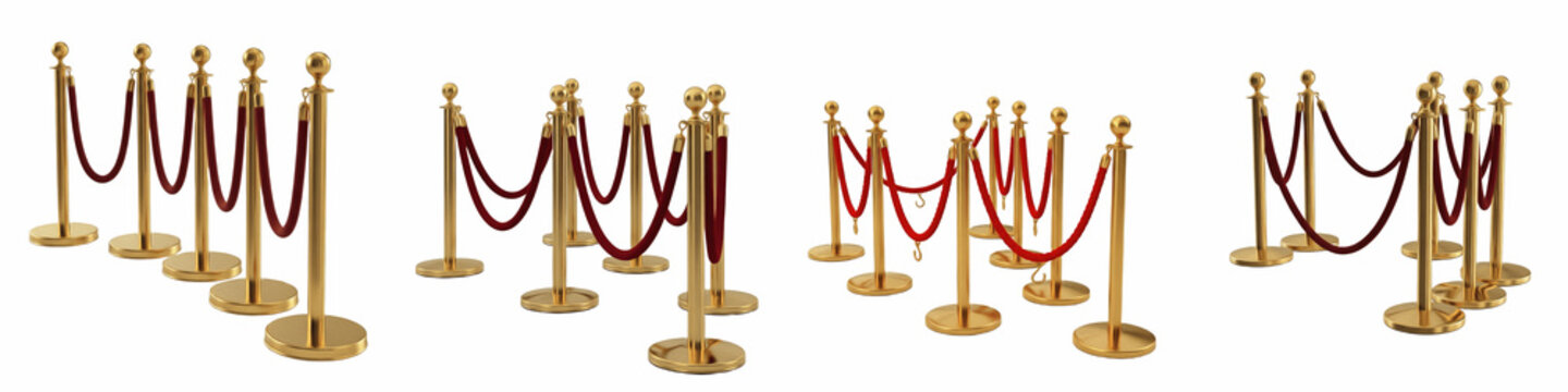 Red Velvet Rope Stanchions and Barriers - VIP Access, Luxury Event Management, and Crowd Control Security Concepts - Isolated Barrier Post PNG Set