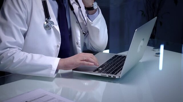 Medical doctor in lab coat with stethoscope typing on laptop in a dim office, managing electronic health records and telemedicine data for modern digital healthcare workflows