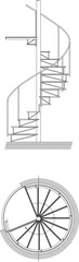 Naklejka premium Technical architectural drawing showing a spiral staircase with side elevation of steps and handrail, and a top-down circular plan view with tread layout