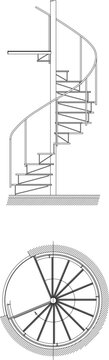 Technical architectural drawing showing a spiral staircase with side elevation of steps and handrail, and a top-down circular plan view with tread layout
