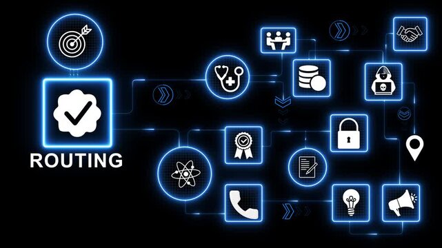 Routing system interface with glowing blue connected icons showing data path direction and network traffic management in digital environment on dark background 4K black background visuals