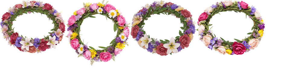 Beautiful Summer Flower Wreaths and Floral Crowns Isolated on White Background, Set of Colorful Spring Blossoms with Rose, Daisy, and Lily for Wedding Decor and Greeting Card Design © speey Goth