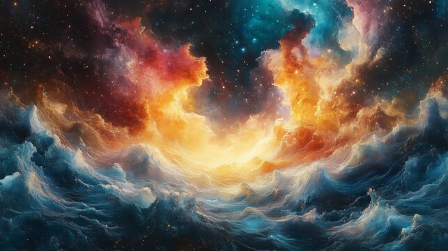Vibrant Cosmic Waves Crashing in Space with Stars
