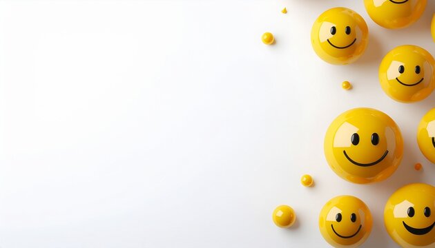 Group of Yellow 3D Smiley Spheres with Reflection and Copy Space on White Background