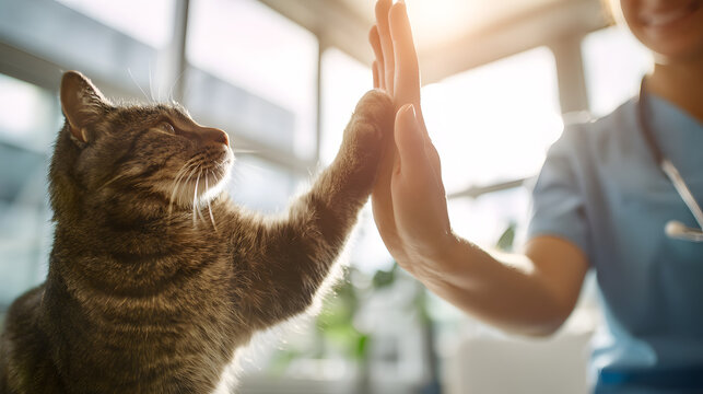 Animal friendly treatment is emphasized by the relaxed cat responding to cues and giving a gentle high five to the caring vet, which is a reflection of modern veterinary practices. Cinematic color cor