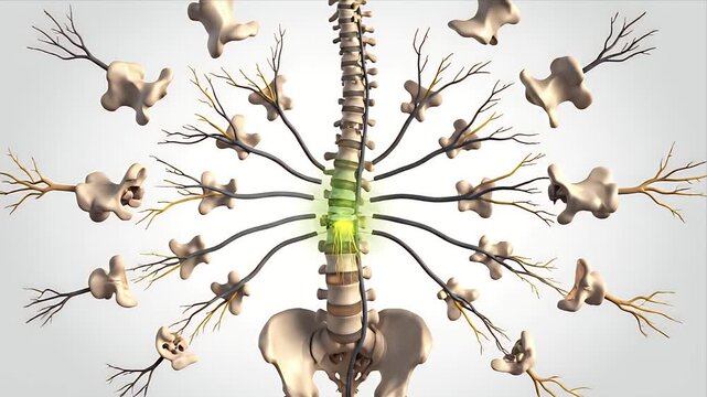 Detailed 3D CGI Medical Animation Visualizing Spinal Nerve Network and Vertebral Column with Green Neural Pathway Highlighted on a Soft Gray Background