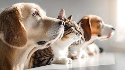 Plakat Different pets are looking over a white surface. Dogs and a cat are all positioned in a row.