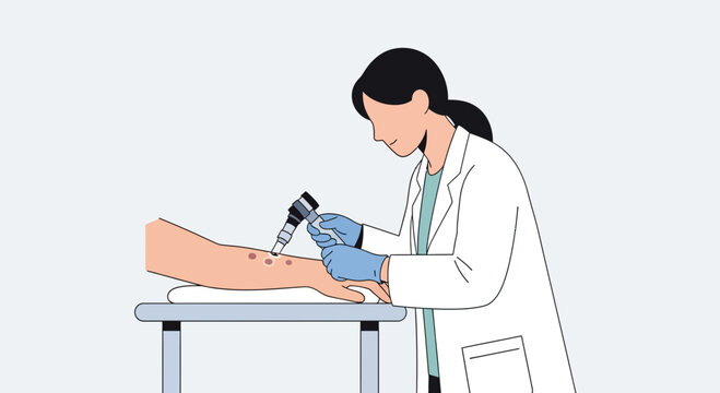 Dermatologist examining skin lesions on patient's arm with dermatoscope