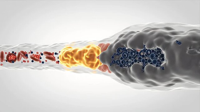 Detailed 3D Medical Animation Illustrating Blood Clot Formation And Progression Within A Vein With Red Blood Cells Oxygen Molecules And Platelets Clotting Process Visualized With Clear Lighting And