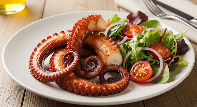 A plate of grilled octopus with a side salad on a wooden surface