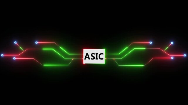 Advanced chip technology with glowing circuit lines illustrating ASIC processing system and digital hardware performance on dark background 4k animation video