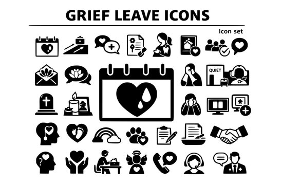 Workplace Grief Leave Icon Set Bereavement Calendar Return To Work Ramp Support Chat Memorial Request Pregnancy Loss Pet Loss Condolence Quiet Room EAP Referral Vector