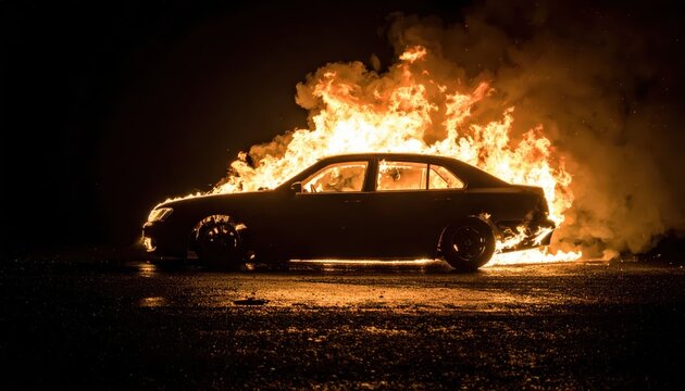 Car on Fire at Night.