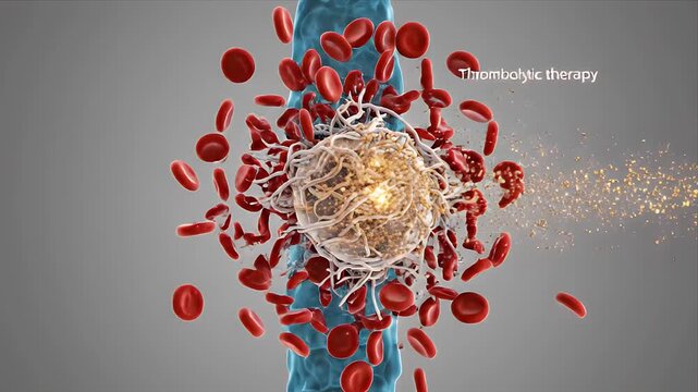 Detailed CGI medical animation of cellular energy production within a mitochondrion showing inner membrane folds and ATP synthesis glowing blue particles on a neutral grey background with red blood