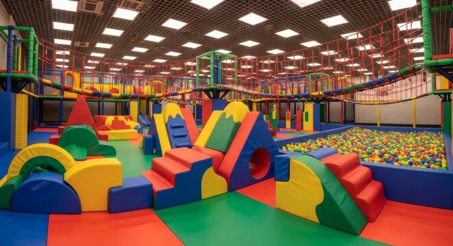 A large indoor playground with colorful play structures and a ball pit for kids