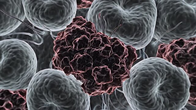 Detailed Microscopic CGI Animation of Malignant Tumor Cells Growing and Dividing in the Human Body