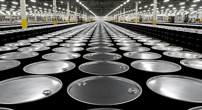 A vast warehouse floor filled with rows and rows of metal drums, perspective view
