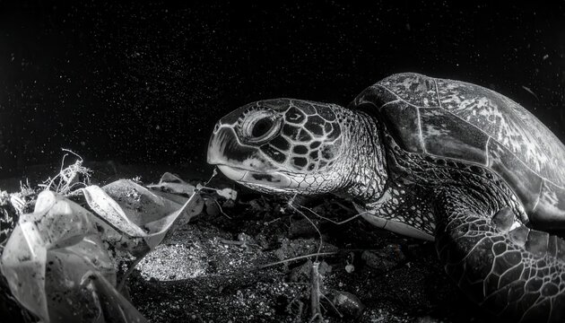 Sea Turtle Encounters Plastic Waste Underwater.