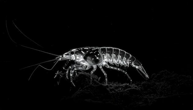 Detailed Macro Photograph of a Small Amphipod Crustacean on a Dark Background.