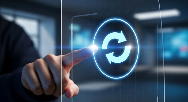 Renewal or restart concept. A close-up of a finger drawing a perfect circle on a holographic panel, which then transforms into a glowing 'reload' icon.