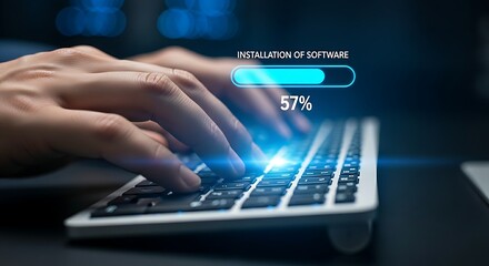 Obraz premium Software installation concept. An IT professional's hands are visible over a keyboard, interacting with a hologram of a single, slowly filling progress bar.